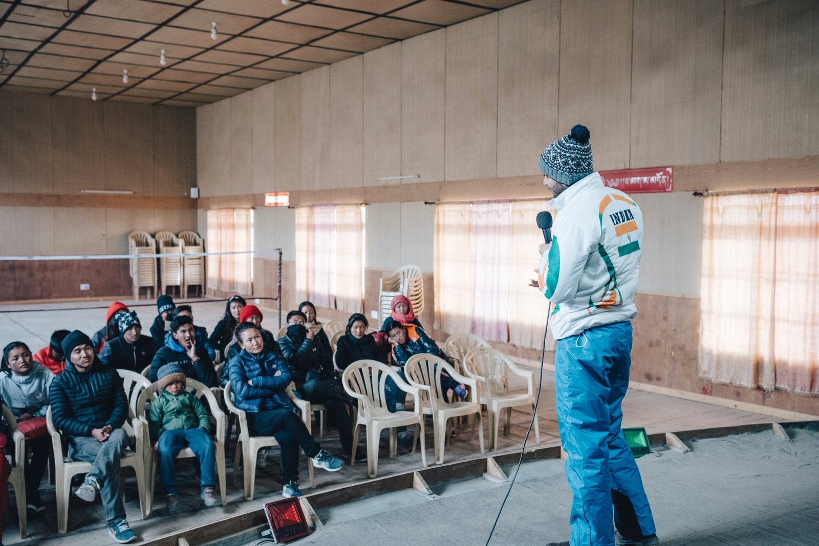 Talking to young athletes in Ladakh