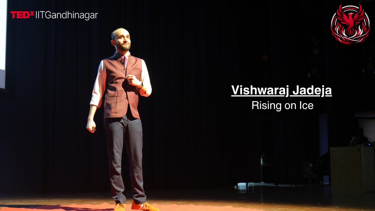 Vishwaraj on the TEDxIITGandhinagar stage, 2026 — Rising on Ice